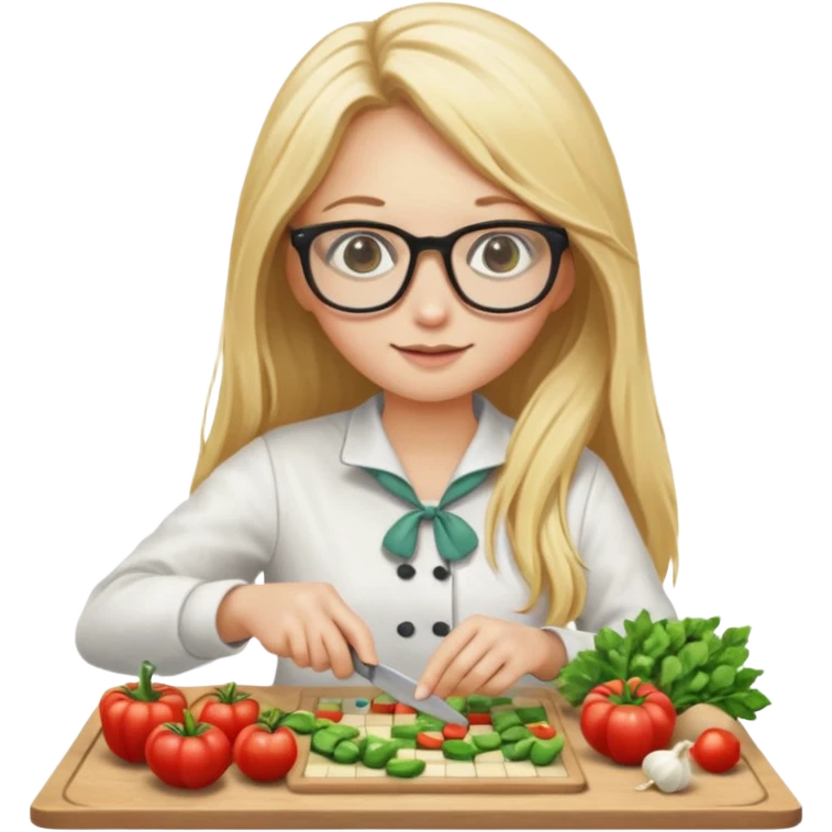je voudrai un emoji d'une fille aux cheveux longs et blonds avec des lunettes entrain de découper, une entrain de faire un jeu de société, une qui cuisine, emoji