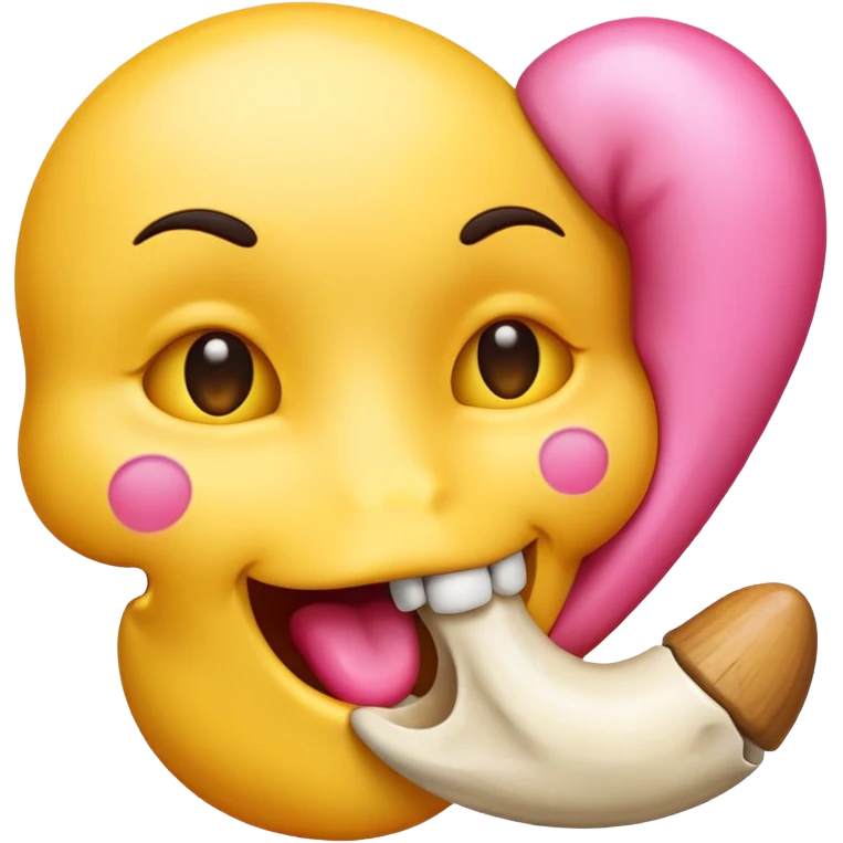 kissing emoji with a yellow bone in its mouth, bone has a pink tip emoji