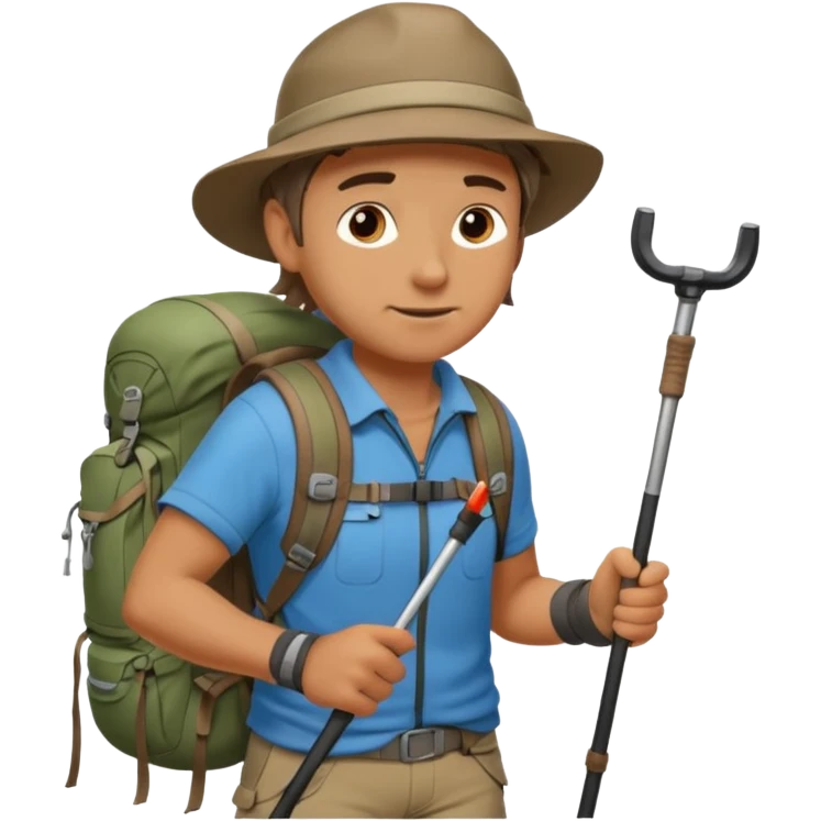A rugged hiker adjusting hiking poles while preparing for a trek.


 emoji