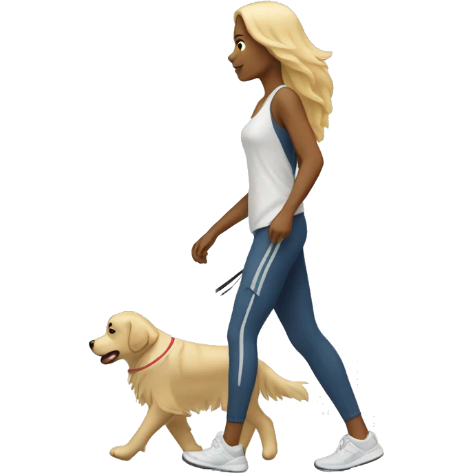 Woman wearing athleisure walking white golden retriever emoji