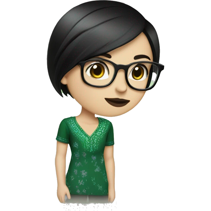 White girl in a green kurta with flower design, glasses, alot of piercing, gay, red lips, nose ring, full body, short straight black edgar hair, black straight hair emoji