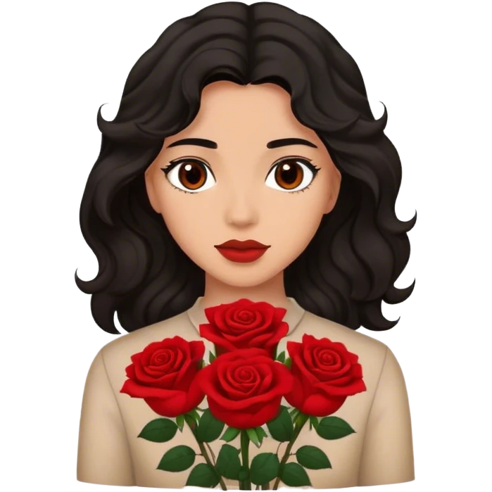 Brown eyes black wavy hair red roses background  emoji
