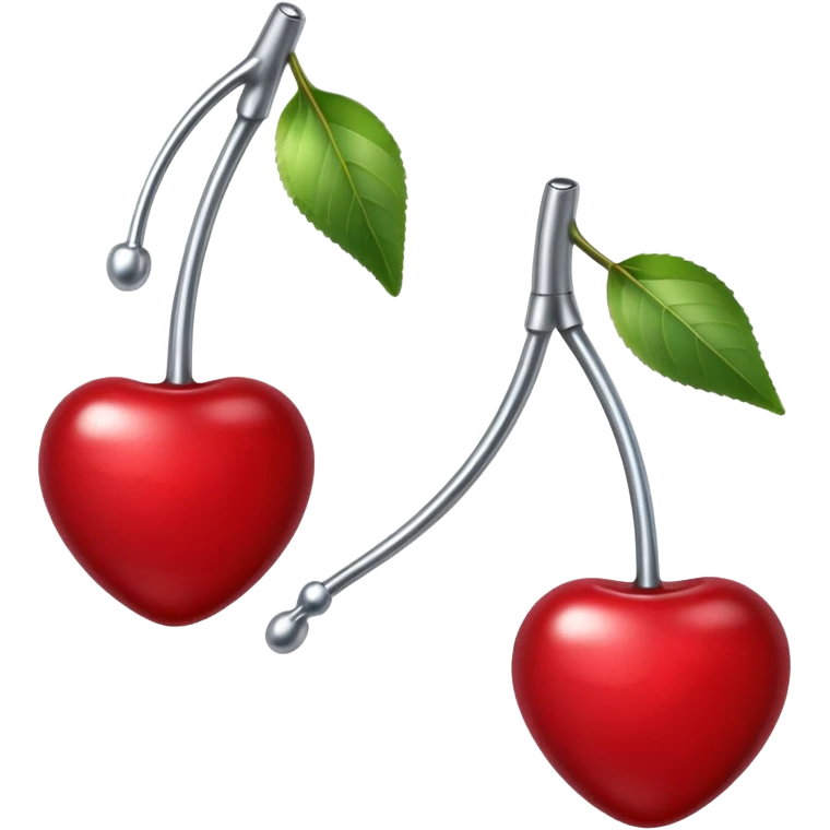 A pair of cherries emoji made of polished silver chrome, smooth rounded shapes, glossy metallic finish, soft highlights and reflections, cute proportions, iOS emoji style, centered, clean white background, no text emoji