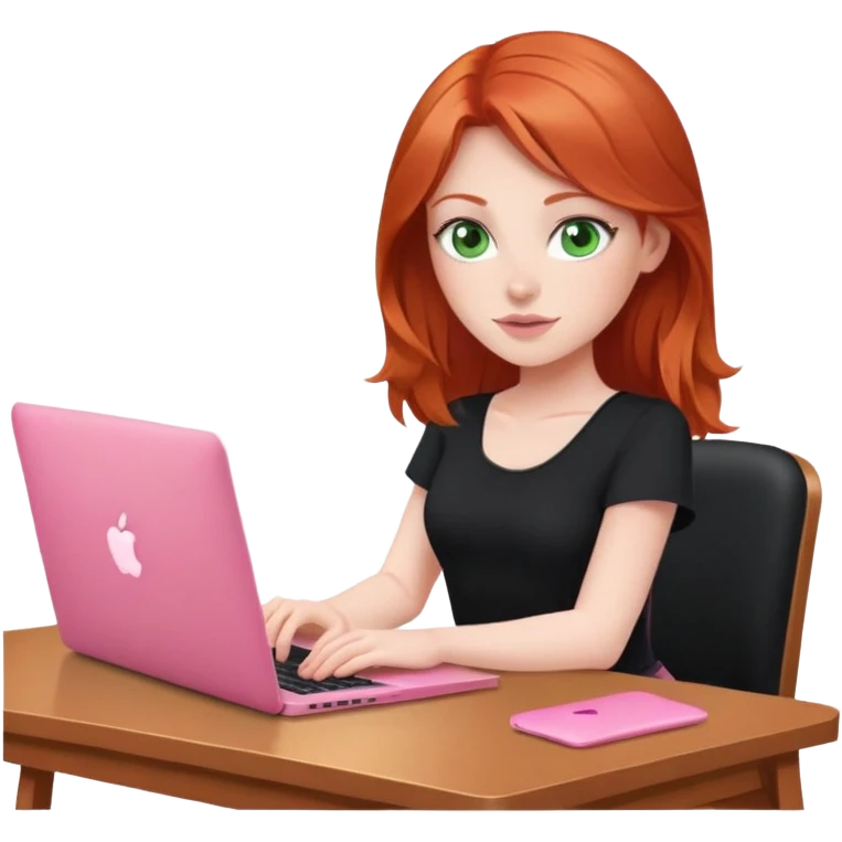 Redhead with green eyes sat at desk with pink MacBook and black top and pink chair  emoji