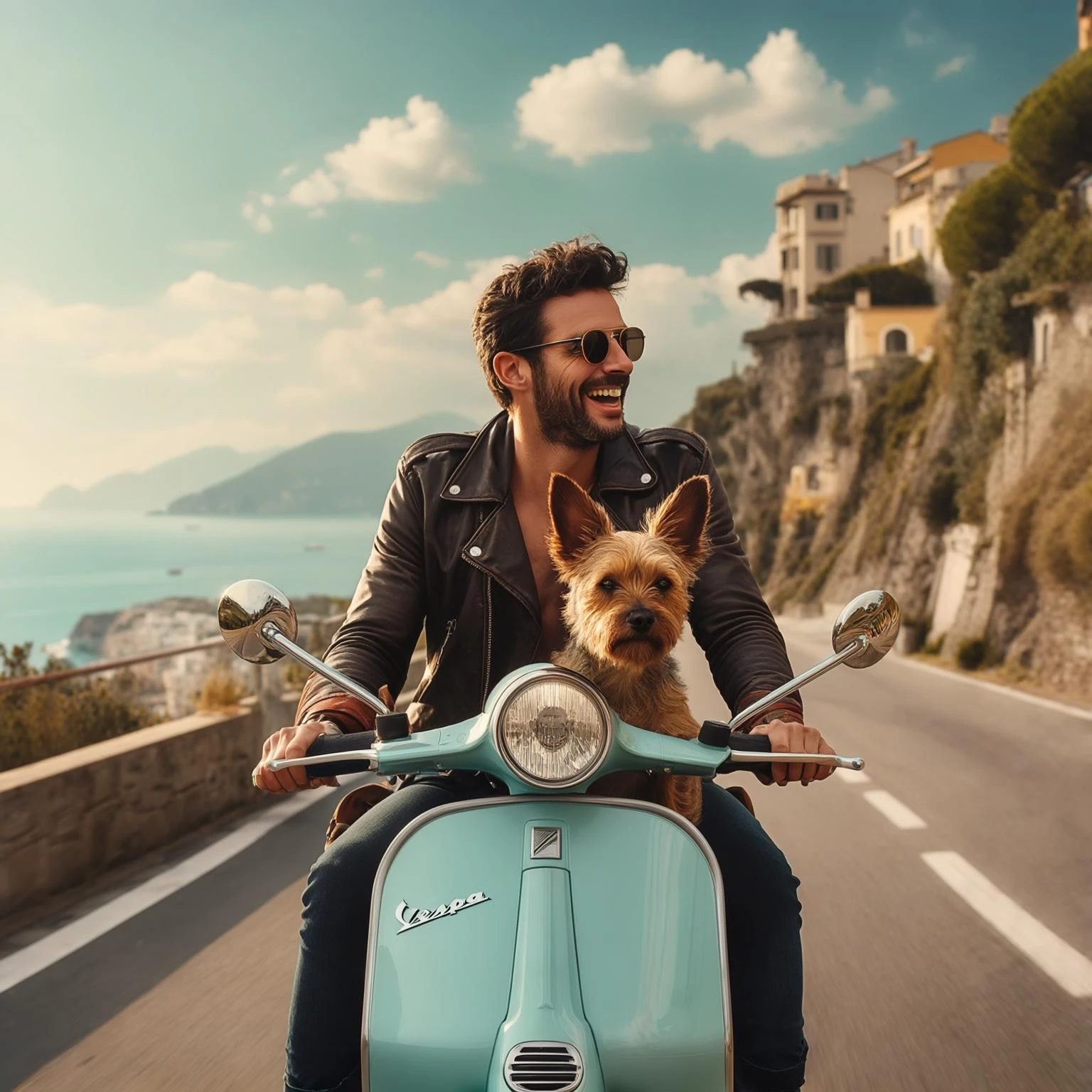 man and his pet dog riding a vespa emoji