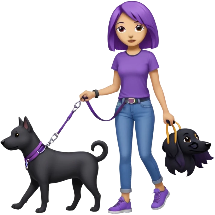 purple haired light skinned woman walking a big, black dog emoji