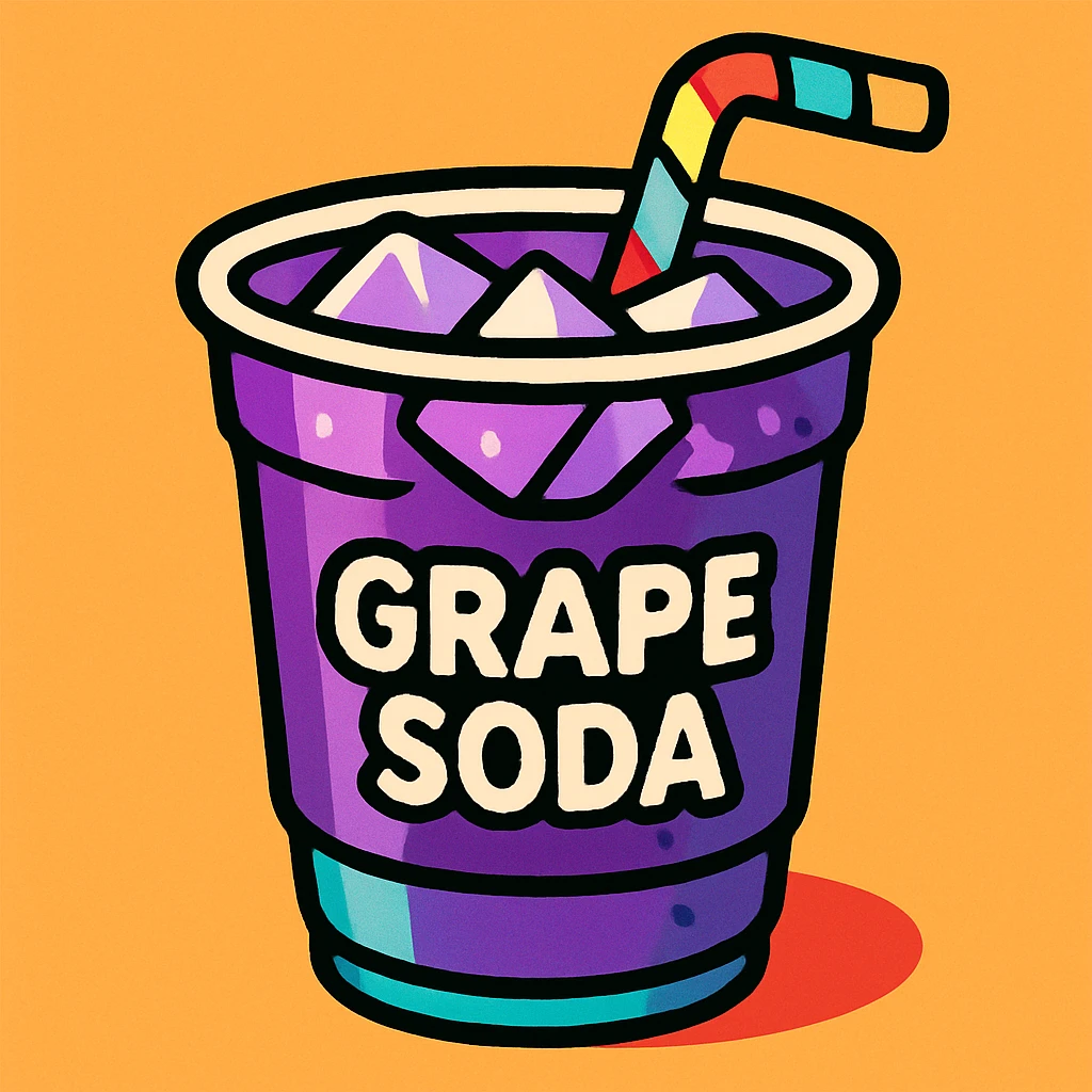 clean, vibrant color cartoon illustration of a cup of grape soda with a purple hue, ice cubes, and a fun straw, TikTok-inspired, minimal and bold emoji