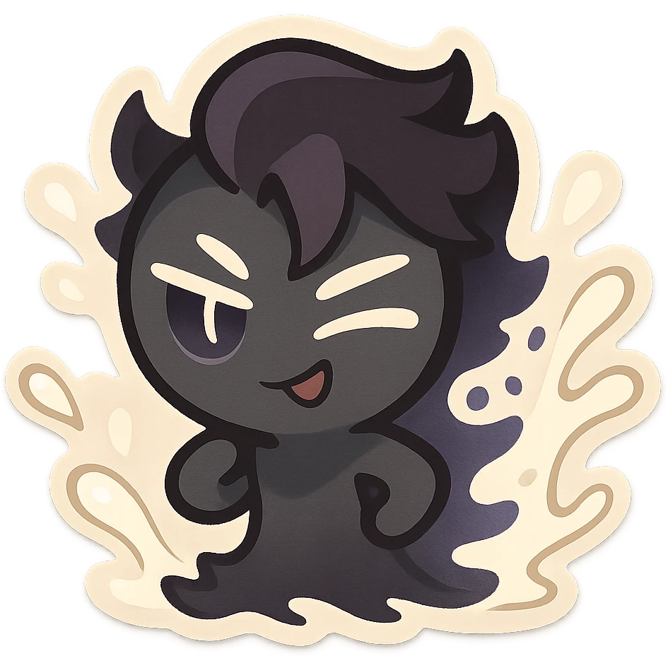 Chibi Shadow Milk Cookie, small and adorable, with a shadowy aura, milk splashes, and a playful expression emoji