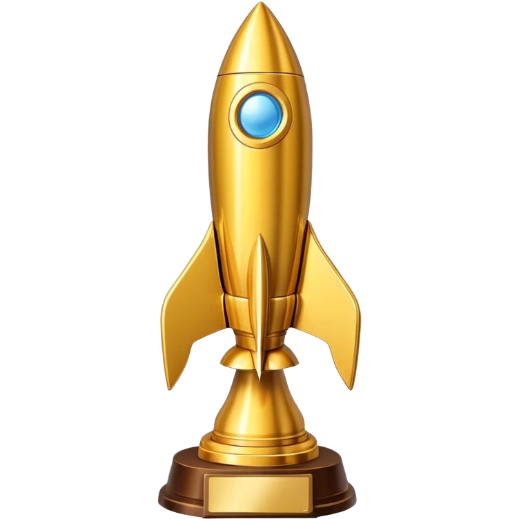 Golden rocket trophy award, shiny gold rocket with a trophy base emoji