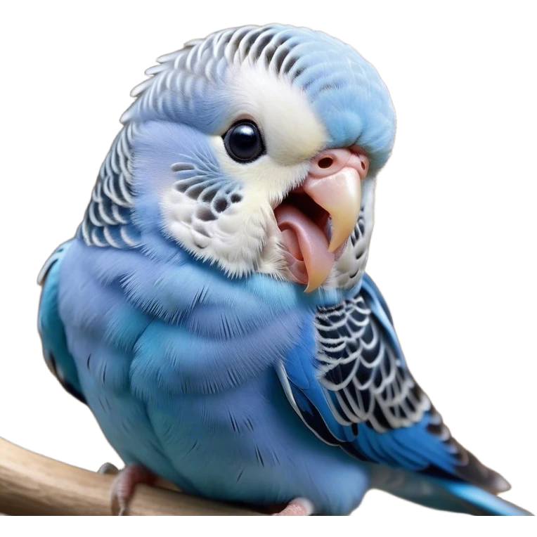 Cinematic Cute Yawning Blue Budgie Portrait Emoji, Head tilted slightly with a dramatic, wide-open yawn, showcasing a soft, downy blue feathered fur with gently drooping wings, round dark eyes barely open in drowsy contentment, Simplified yet irresistibly adorable features, highly detailed, glowing with a soft, cozy glow, high shine, relaxed yet expressive, stylized with a touch of whimsy, bright and endearing, soft glowing outline, capturing the essence of a sleepy yet affectionate budgie, so drowsy it feels like it could stretch out of the screen and curl up for a nap! emoji