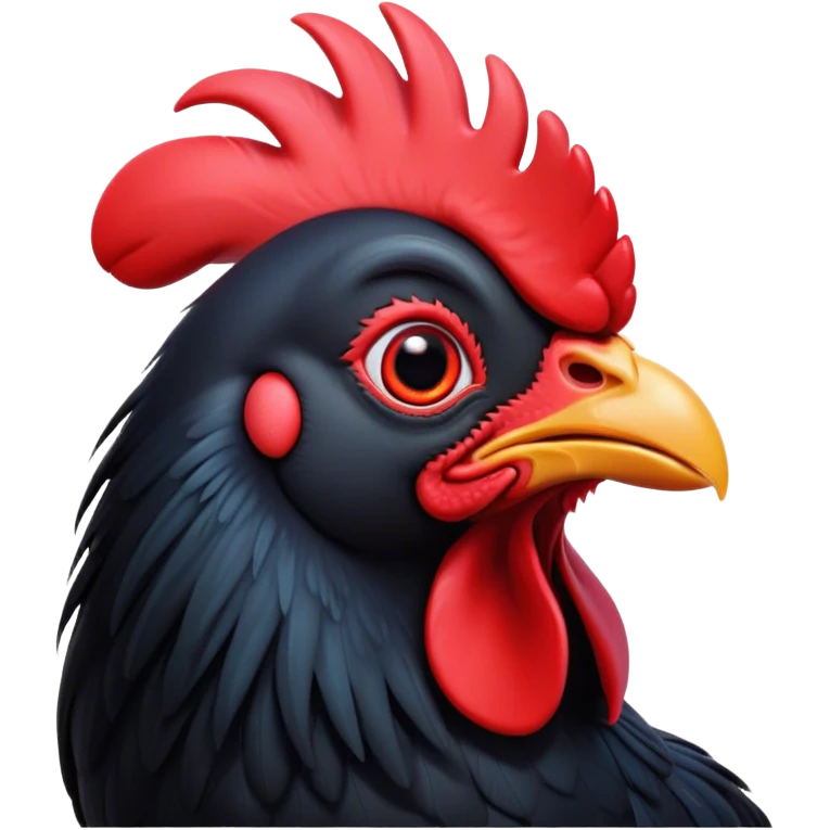 Cinematic Cute Black Rooster Portrait Emoji, Head tilted playfully and inquisitively, featuring a glossy, immaculate black plumage with a vibrant red comb, round, sparkling eyes filled with curiosity, Simplified yet irresistibly adorable features, highly detailed, glowing with a warm, friendly glow, high shine, affectionate and spirited, stylized with a touch of farmyard whimsy, bright and endearing, soft glowing outline, capturing the essence of a mischievous yet loving rooster, so playful it feels like it could strut out of the screen and into your arms! emoji