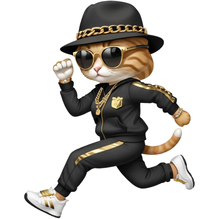 female cat running upright wearing Run DMC hip-hop outfit, tracksuit, fedora, Adidas sneakers, dark sunglasses, many gold chains, bling accessories (rings, bracelets, earrings) emoji