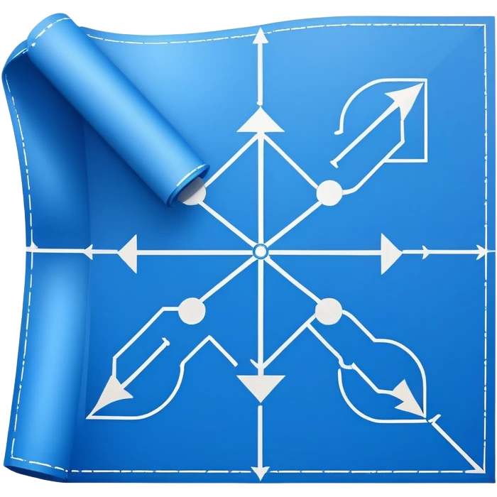 blue blueprint with white lines, corner X mark, and dotted path emoji