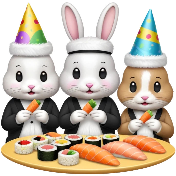 four bunnies together eating sushi at a birthday party, festive, colorful, party hats, birthday decorations, different arrangement, emoji style emoji