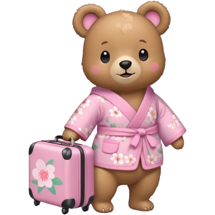 A cute light-brown bear wearing a pastel pink sakura-patterned kimono, normal balanced body ratio.  
Pulling a small suitcase with cheerful excited eyes, backpack on the back, ready for a trip.  
Kawaii emoji style, minimalistic clean sticker illustration, white background. emoji