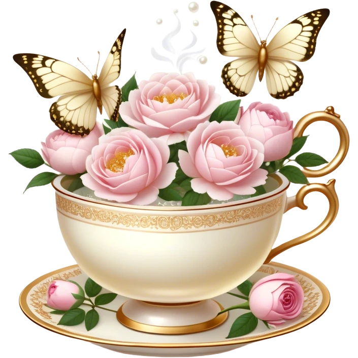A charming, softly lit evening tea scene, where an ornate golden tea strainer rests atop a delicate ivory teacup filled with rose-infused tea, fresh blush roses and white peonies scattered around, while a pearl butterfly hovers above the steam.
 emoji