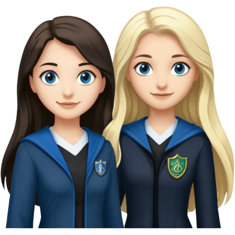 a pretty ravenclaw girl with long dark brown hair and blue eyes standing with a hot Slytherin girl with long blonde hair, blue eyes and big boobs  emoji
