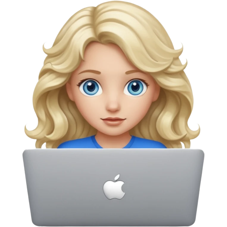 blond girl, blue eyes, hair wavy, , behind her silver colored laptop from apple emoji