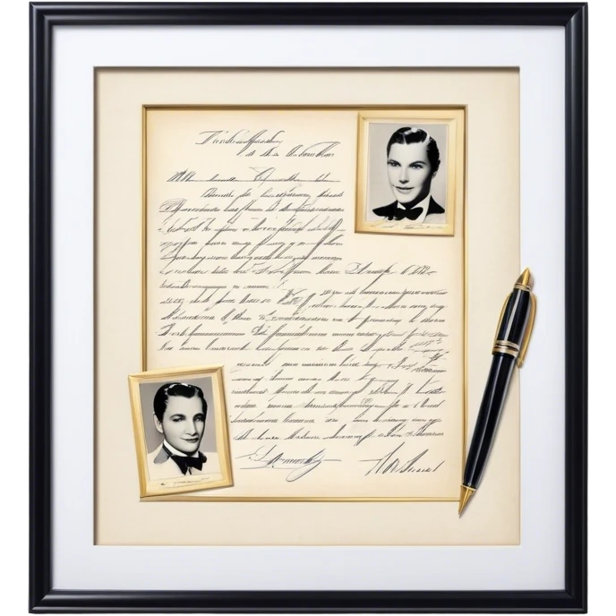 Icon for Autograph Collecting: several vintage sheets in frames with famous celebrity signatures on them, with a classic fountain pen nearby. The icon should evoke the elegance and rarity of collecting autographs. Transparent background. emoji