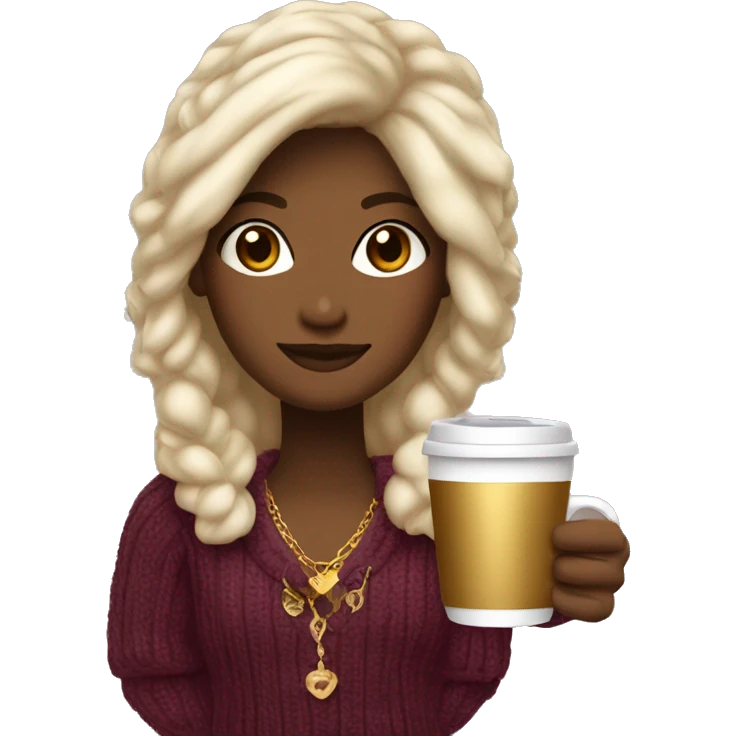 “Design a cozy and rich girl emoji with elegant hair, wearing a plush sweater in a deep, luxurious color. Add gold jewelry and a cup of coffee or tea for a touch of warmth and sophistication.” emoji