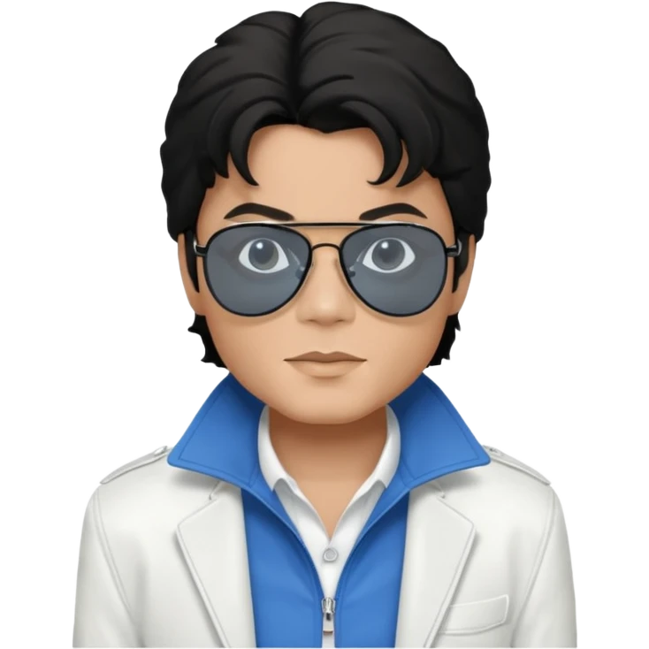 Michael Jackson is white, wearing completely black smokey Ray-Ban glasses, a white jacket, and a blue shirt. emoji