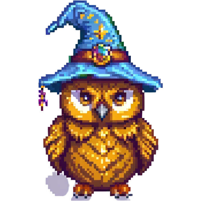 pixel art owl wearing a wizard hat emoji