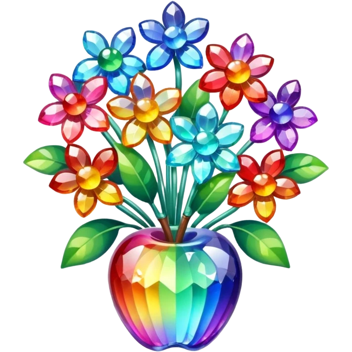 a bouquet of crystal flowers shimmering with rainbow colors, Apple emoji style emoji