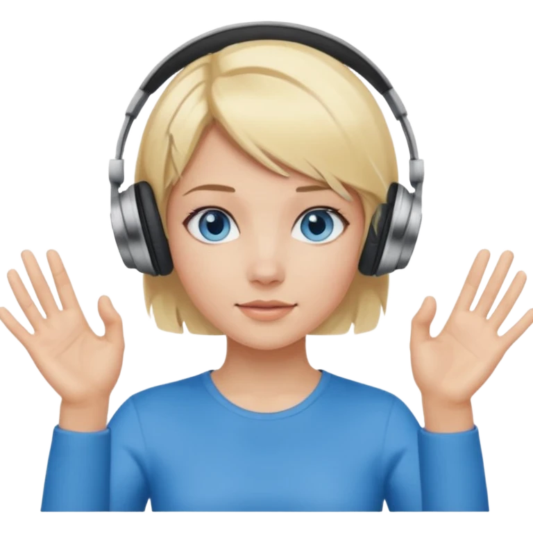 girl with blonde and middle short hair and blue eys with heands telling what, having heaphones on head,  emoji