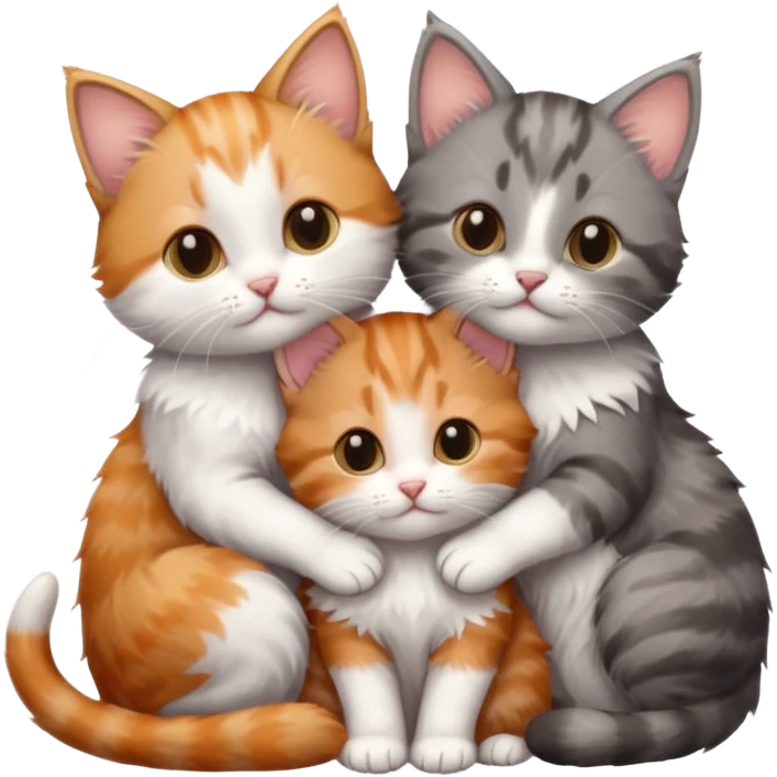 3 tiny kittens cuddling together all different colours, the first one is grey and white, the second is ginger and white and the third is brown tabby and white emoji