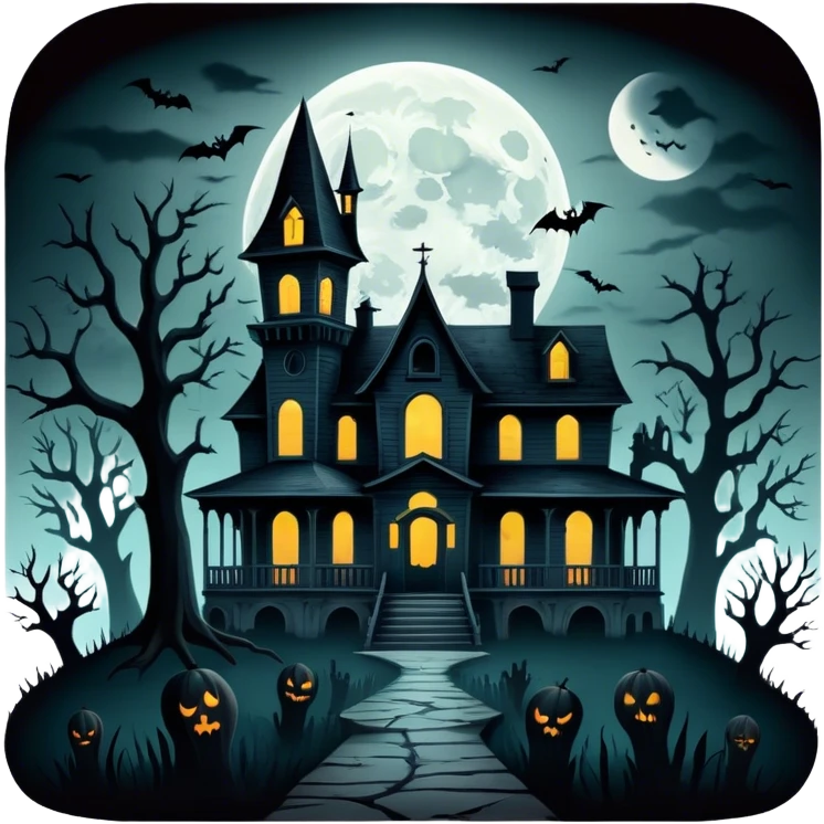 Icon for Horror Movies: A dark, eerie collage featuring iconic horror elements like a haunted house, a full moon, sinister shadows, and creepy creatures emerging from the darkness. The atmosphere should be chilling, with a feeling of suspense and fear. Transparent background. emoji