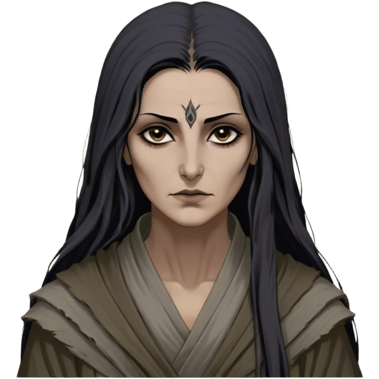 Mirri Maz Duur is a weathered, middle-aged Lhazareen woman with deep-set dark eyes, high cheekbones, and a sharp nose, giving her a stern, knowing expression. Her long, unkempt dark hair streaked with gray falls loosely over her shoulders, and her earth-toned, tattered robes mark her as a humble healer. Despite her frail appearance, she exudes an aura of mystery and menace, her hands stained with herbs and blood from both healing and dark sorcery. emoji