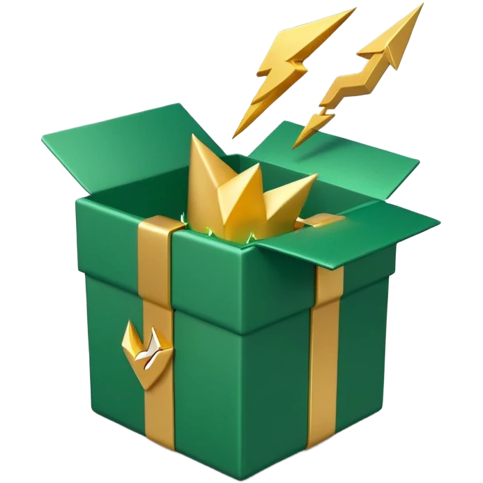 3D minimal open gift box with small floating icons coming out (envelope, lightning bolt, sparkle), matte finish, deep green (#0B3D2C) box, gold (#C9B037) icons, Apple style, ultra minimal, soft shadow, transparent background emoji
