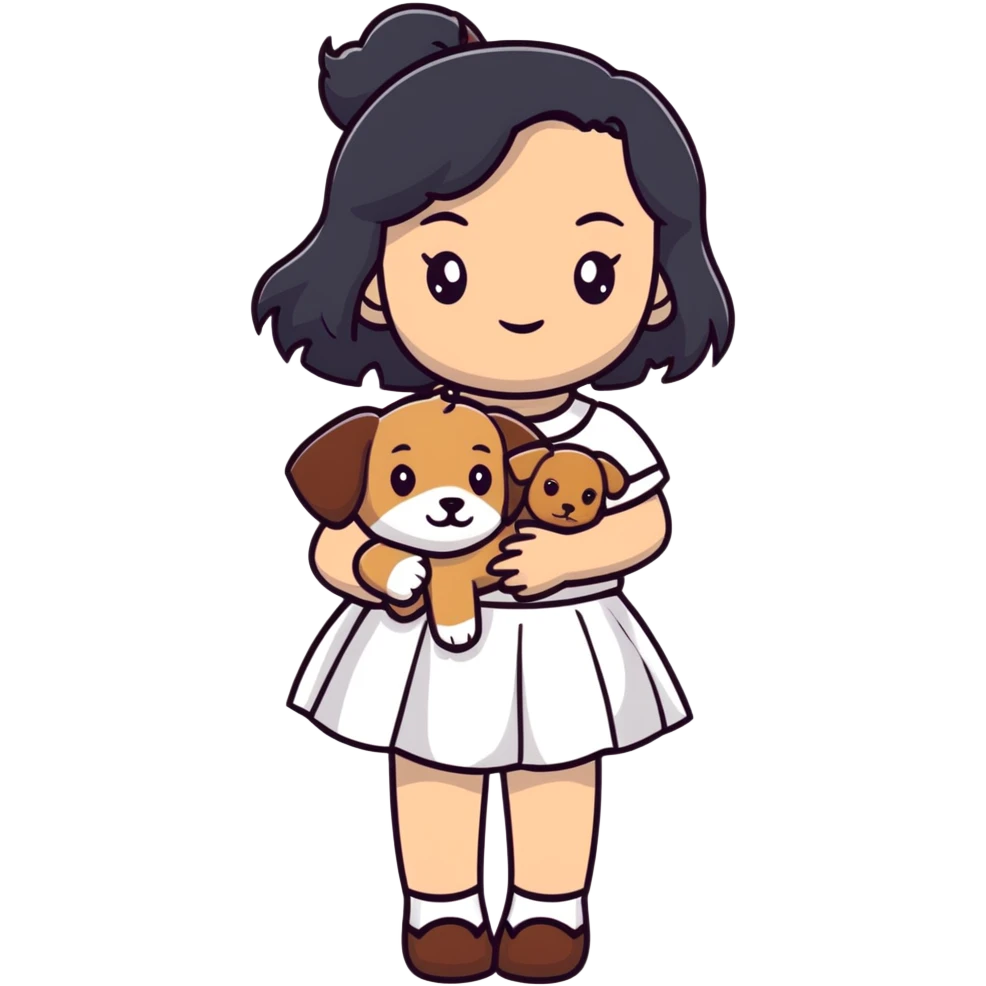 A beautiful girl with long straight black hair wearing a white skirt holding a small brown curly teddy dog emoji