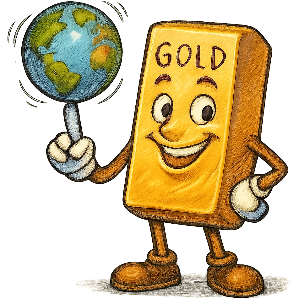 В cлегка рисованной, но при этом объемной и яркой стилистике сгенерируй картинку где слиток золото с руками и ногами стоит и смотрит на зрителя улыбается, в одной руке он на указательном пальце держит вертящуюся землю, как баскетбольный мяч, прозрачный фон emoji