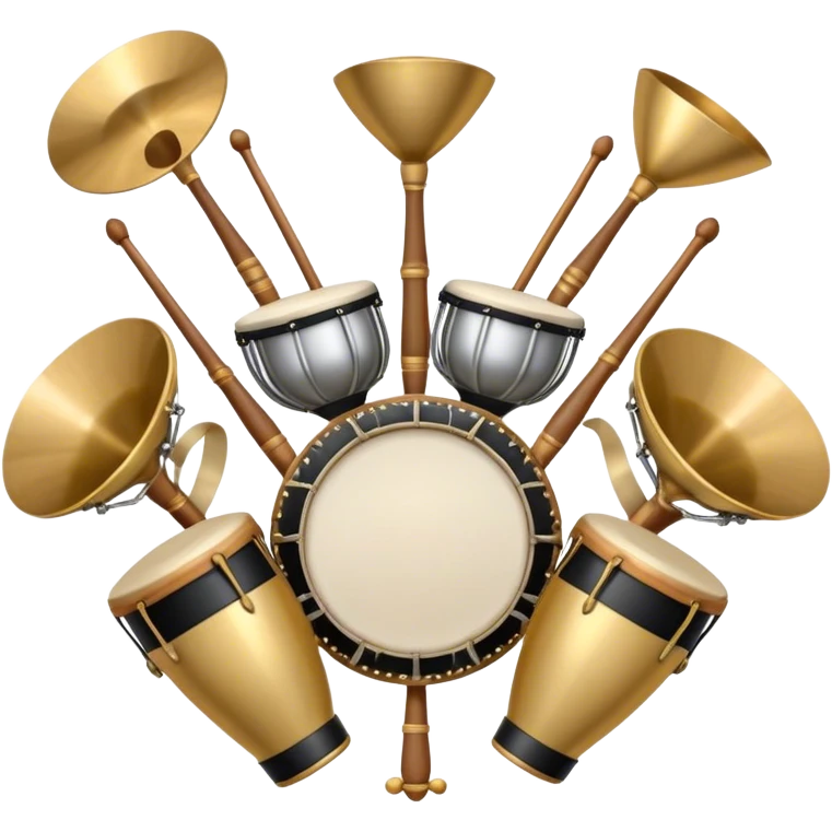 Create a heraldic, festive, and professional emblem-like emoji representing percussion instruments. The design should resemble a traditional crest, featuring a range of percussion instruments like cymbals, triangle, tambourine, maracas, timpani, and other traditional and folk percussion instruments. Arrange them symmetrically, with elements like cymbals crossing each other, a triangle at the center, and timpani or drums flanking the sides. The instruments should be depicted with metallic and wooden tones—shiny brass for cymbals, silver for the triangle, and rich wood or polished bronze for drums. Include ornate details like engraved patterns on the instruments, decorative swirls or laurels, and subtle accents to add elegance and festivity to the composition. The overall design should be cohesive, balanced, and visually striking, suitable for use as a prestigious emblem. The background should be transparent. emoji