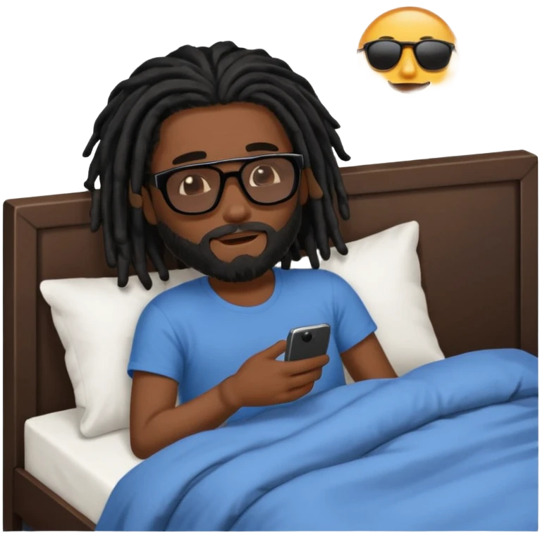 African American man with beardwith shoulder length black dreadlocks wearing black sunglasses waking up in bed emoji