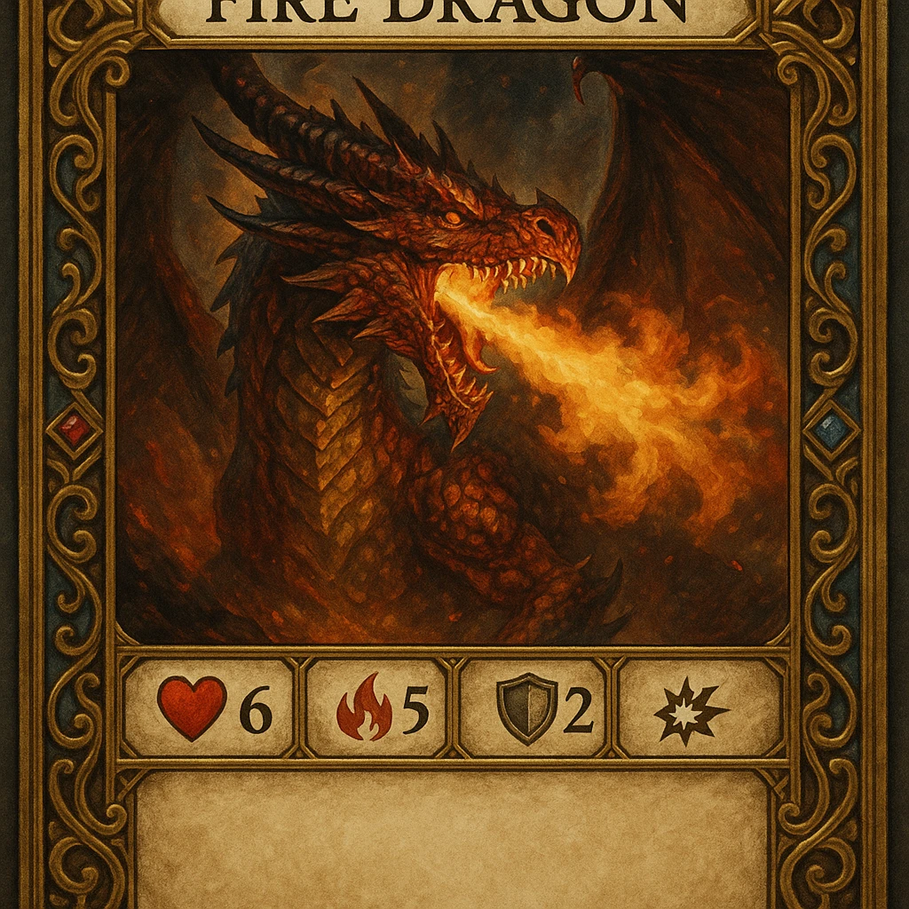 ornate RPG card of a fire dragon breathing fire, info panels for health, fire, armor, special power, description area, elaborate fantasy border, intricate details, vibrant dramatic fantasy art style emoji