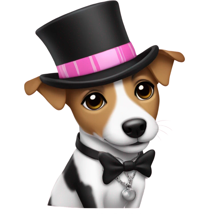Jack Russell with black fur wearing a top hat, pink zebra coat, and gold chain emoji