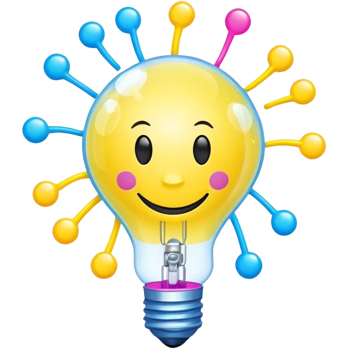 lightbulb with happy face, spinning atom inside, floating chemical bubbles, small lightning bolt on top, vibrant colors yellow, neon blue, bright pink, conveying fun science and creative energy emoji