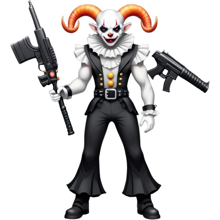 full-body muscular demonic clown, battle-ready, black and white leisure suit with bellbottom pants, bald, black ram horns, flashy black and white belt, ruffled white shirt, no neck tie, large fangs, holding very large futuristic rifle emoji