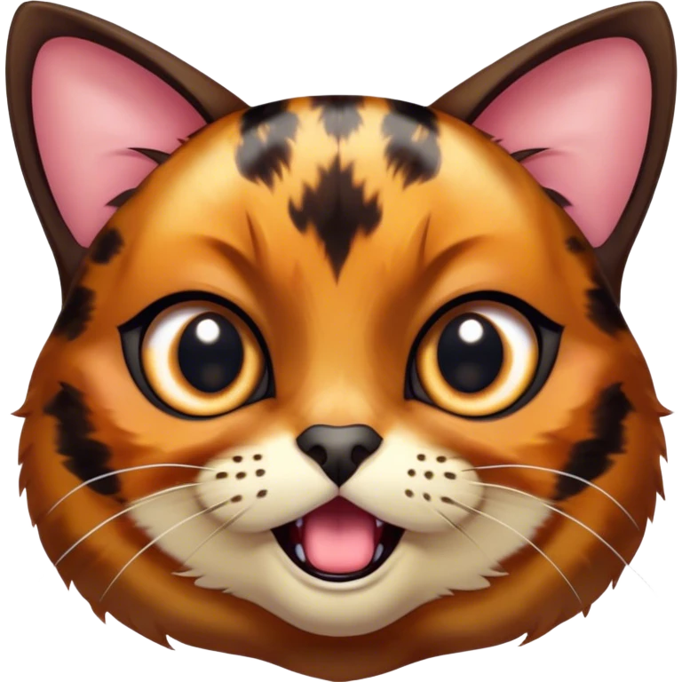 Cinematic Comical Tortoiseshell Cat Portrait Emoji, Head cocked dramatically with an over-the-top shocked expression, featuring a rich mottled fur of browns and blacks and wide, comically animated eyes full of playful disbelief, simplified yet hilariously detailed, glowing with a bold, sassy radiance, high shine, exuding a mischievous and spirited charm, styled with a soft glowing outline, capturing the essence of a tortoiseshell cat that appears ready to burst into comical antics! emoji