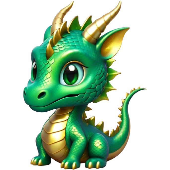 Cinematic Cute Dragon Portrait Emoji, Head tilted playfully and inquisitively, featuring a sleek, serpentine form adorned with iridescent scales that shift between emerald and gold, a delicate set of subtle horns, and round, sparkling eyes full of curious magic; rendered with realistic detail and warm natural light, high shine, affectionate and enchanting, styled with a touch of whimsical fantasy, soft glowing outline, capturing the essence of a mischievous yet lovable dragon that seems poised to slither playfully into your arms! emoji