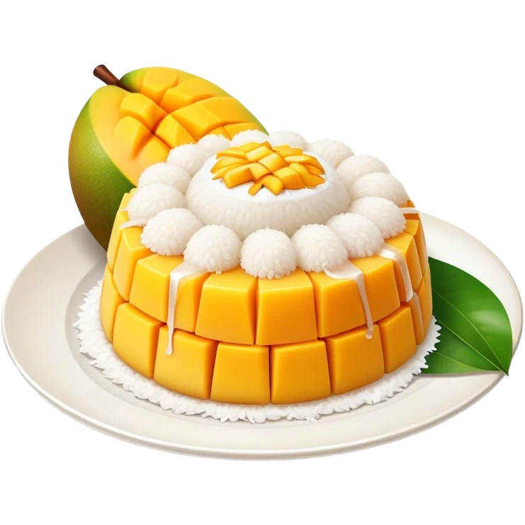 Mango Sticky Rice Cinematic Realistic Mango Sticky Rice Dessert Emoji, depicted as sticky rice drizzled with coconut milk topped with a layer of coconut cream, accompanied by sliced mango on the side of the plate, rendered with vivid textures and warm, tropical lighting. emoji