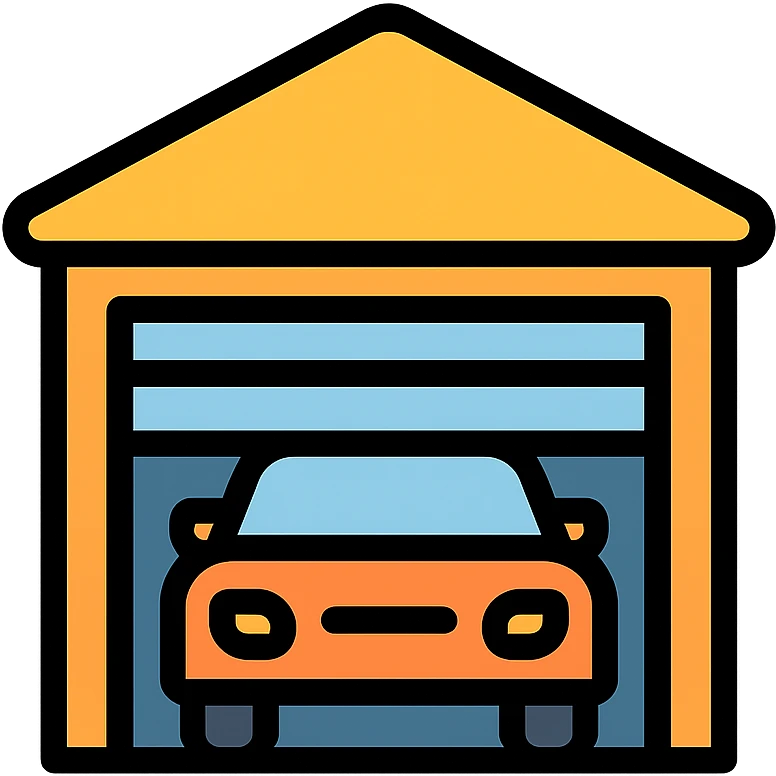 garage with open door and car inside, flat icon style emoji