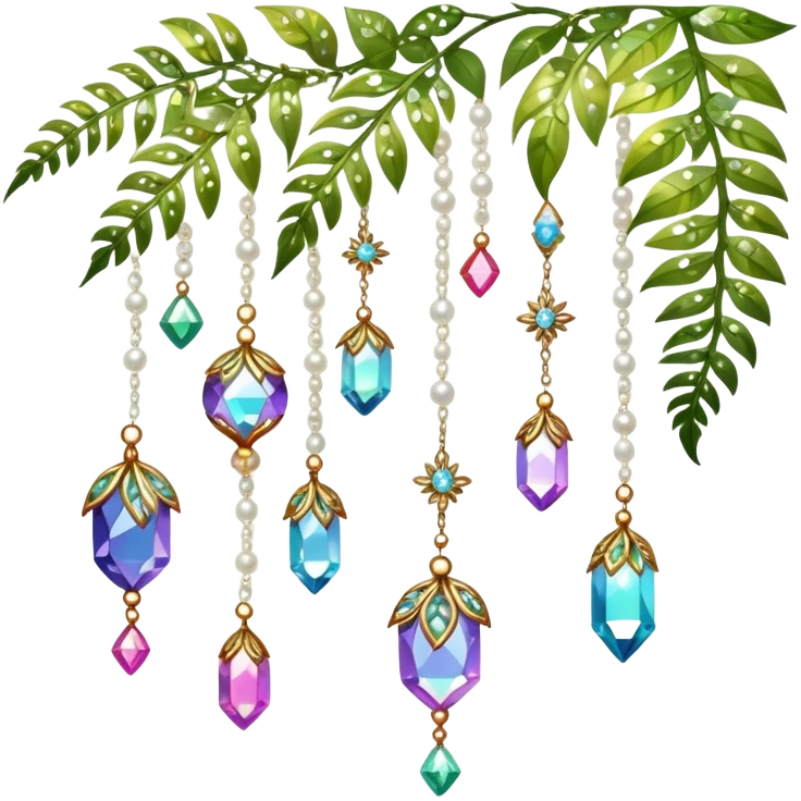 Few cute tiny Iridescent glistening glossy sparkly shiny glittery hanging crystals pearls and beads and gemstones scenery scenic decorations with vines and ferns and flowers emoji