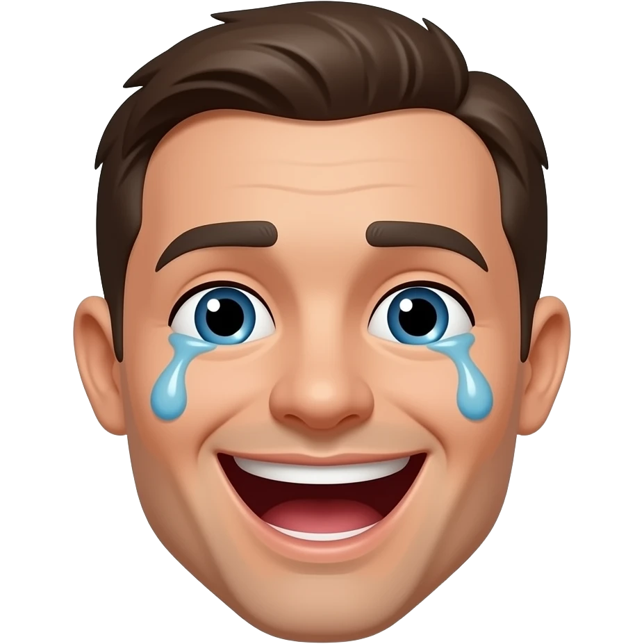 Glossy 3D rendered crying laughing emoji, front-facing, slightly rounded edges, soft shading, white background emoji