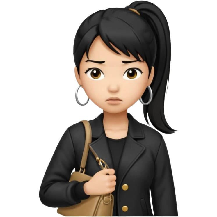 A girl with a pony tail black hair and Asian tan skin, Asian eyes, with a black jacket and a black purse, with an annoyed and confused expression on her face  emoji