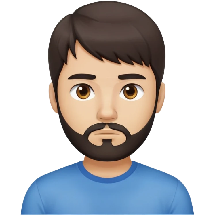 Argentine male with longer straight dark brown hair reaching shoulders, bangs, short complete beard, serious neutral face, wearing plain blue t-shirt emoji