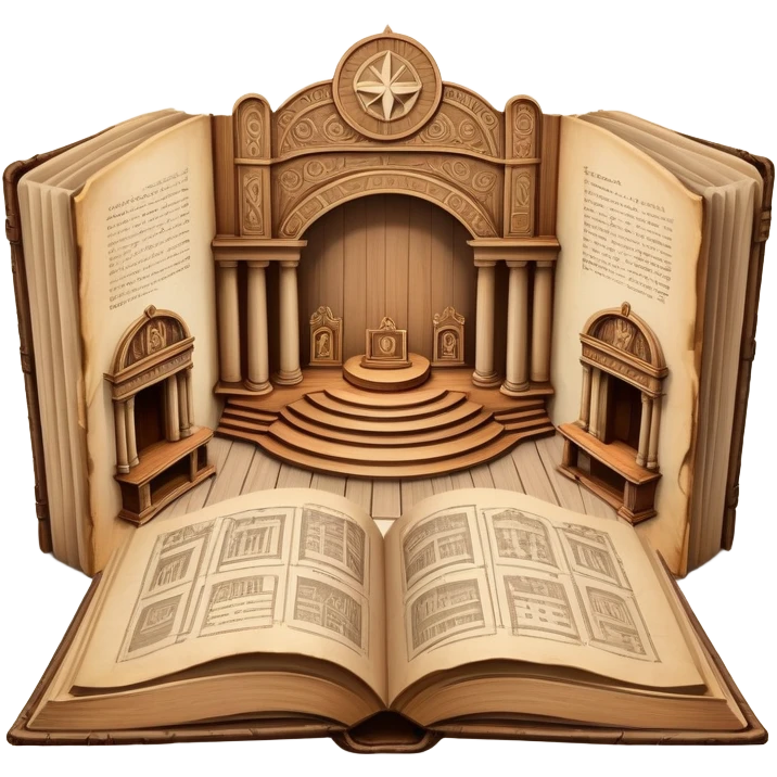 Ancient book with pages open wide displaying multiple theatrical set sketches, perspective drawings of stage designs, backdrop illustrations with Puerto Rican symbols integrated, wooden cover edges emoji