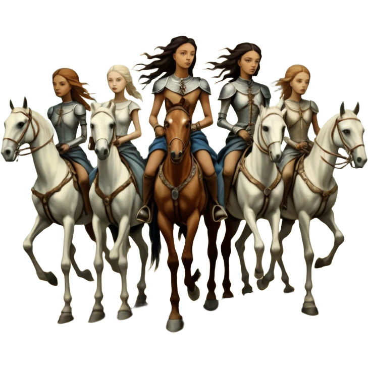 cinematic - aesthetic brilliant radiant divine lighting, oil paint - ivory Four thin women as riders of the Apocalypse, after a graphic by Albrecht Dürer in a desolate landscape on horse skeletons emoji